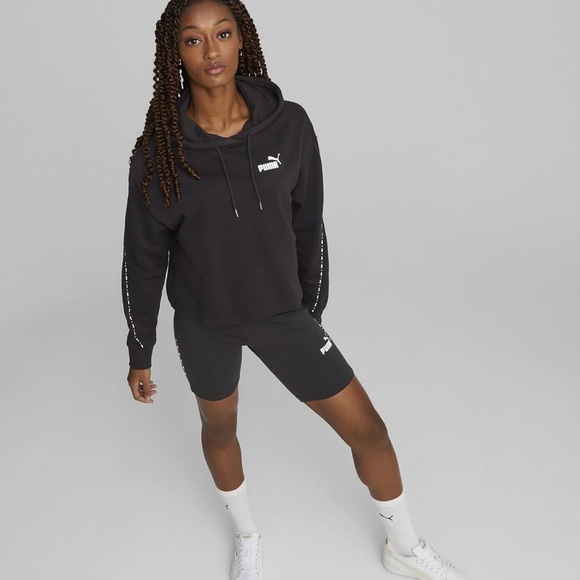Puma | Women's xsmall POWER Tape hoodie black white cropped cotton streetwear - Picture 1 of 9